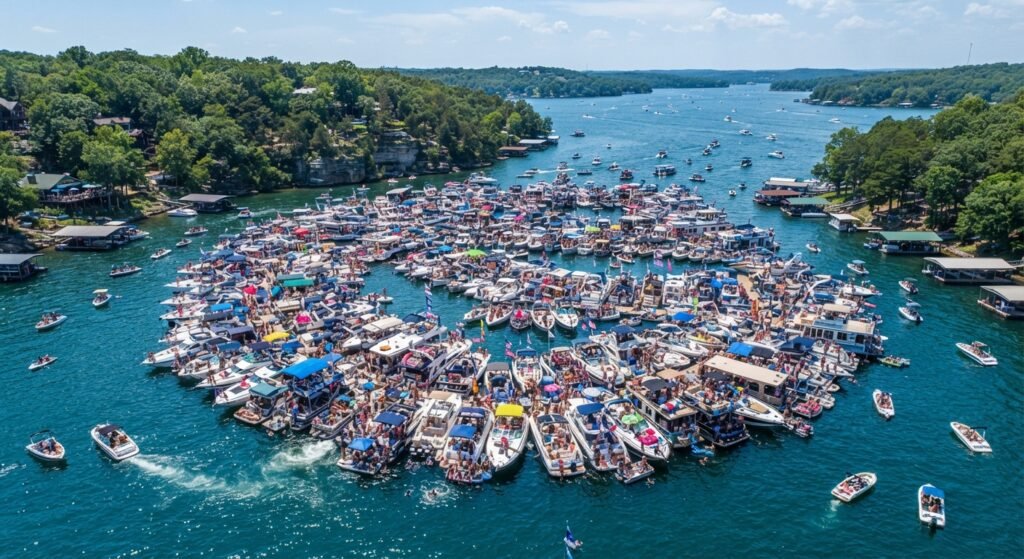 aerial view of party cove mile marker 4 lake of the ozarks packed with boats
