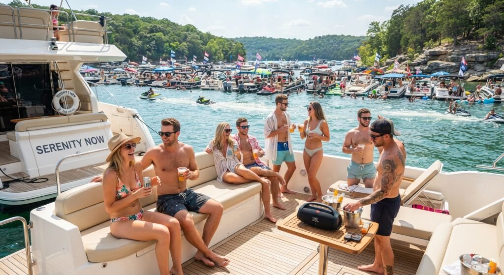 friends celebrating bachelorette party on yacht rental near party cove loto