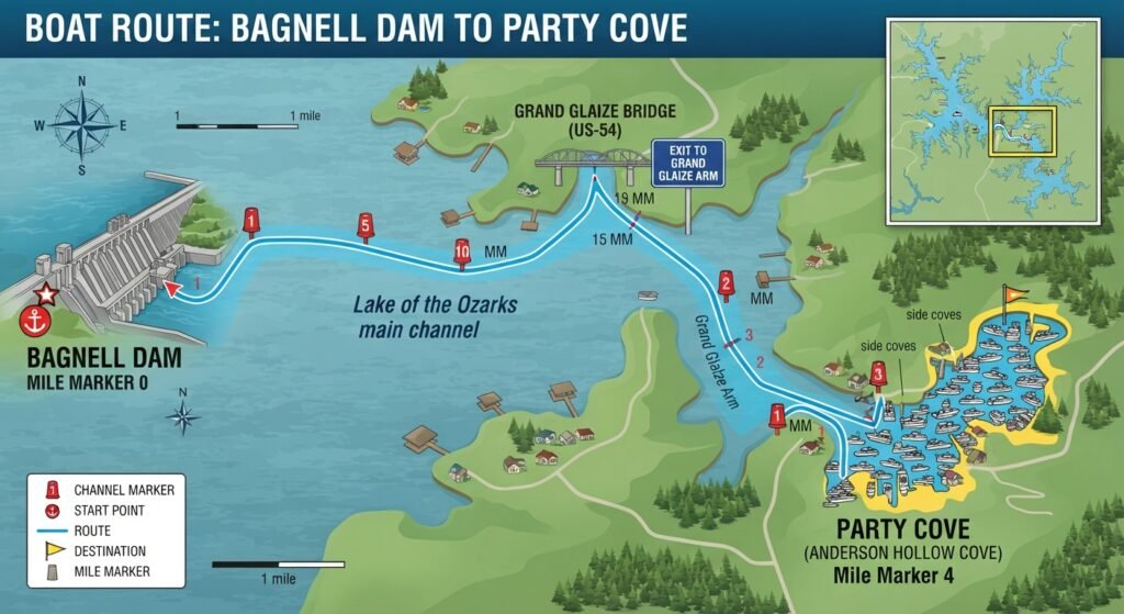 map showing route from bagnell dam to party cove mile marker 4