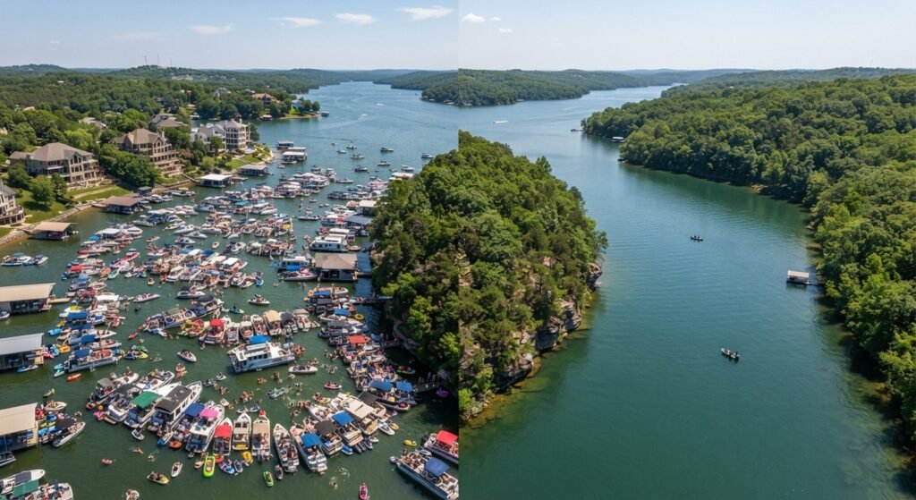 Aerial contrast of busy and quiet cove