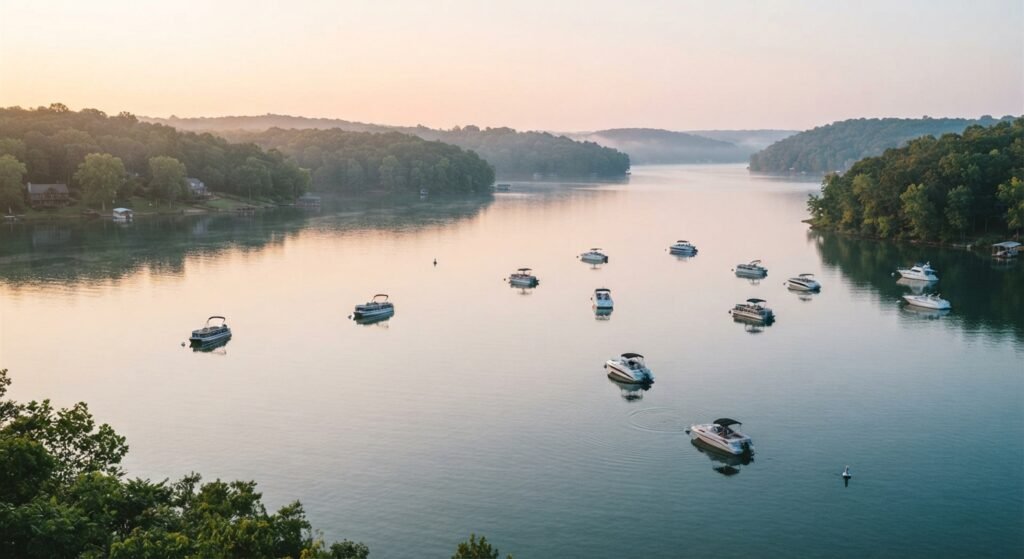 Aerial view of Party Cove on Lake of the Ozarks packed with boats during peak afternoon energy