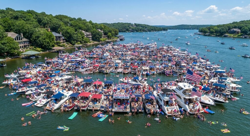 Aerial view of a massive holiday weekend crowd in Party Cove on Lake of the Ozarks during Fourth of July
