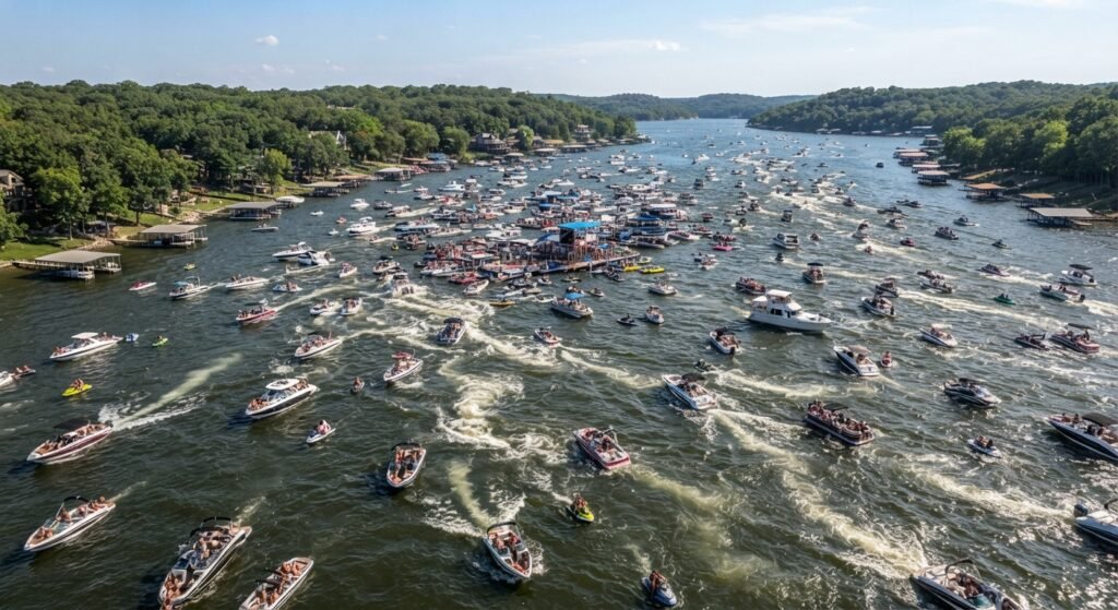 Aerial view of heavy boat traffic and overlapping wake near Party Cove on Lake of the Ozarks