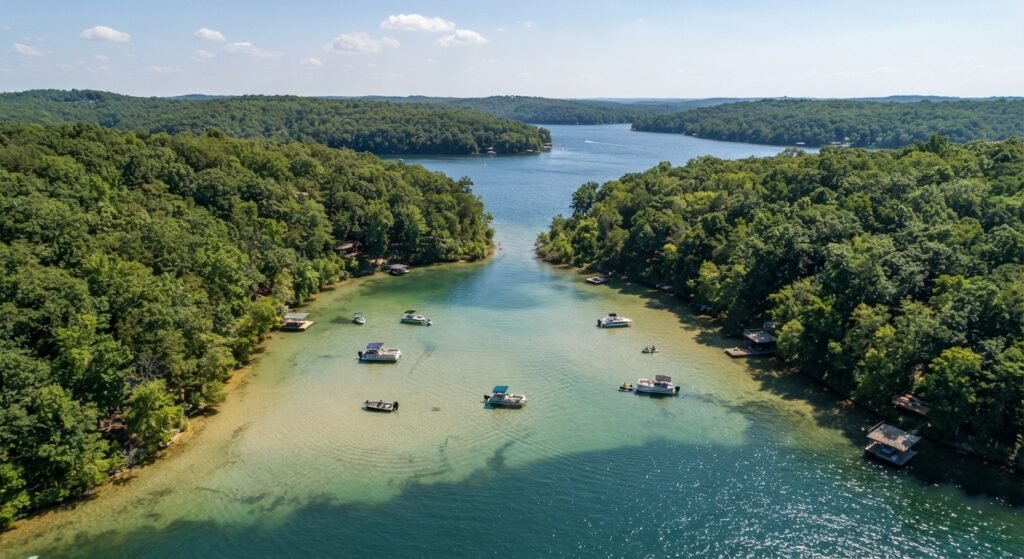 Aerial view of quiet shallow cove Lake Ozarks