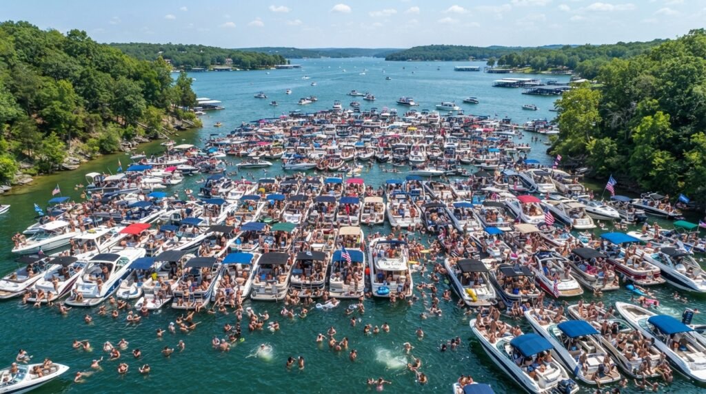 Aerial view of the crowded adult party atmosphere in Party Cove on Lake of the Ozarks during peak hours