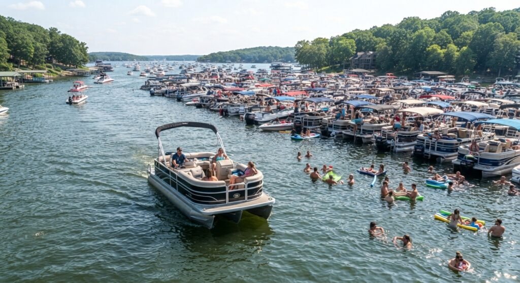 Boat moving slowly at idle speed while exiting the crowded water near Party Cove on Lake of the Ozarks