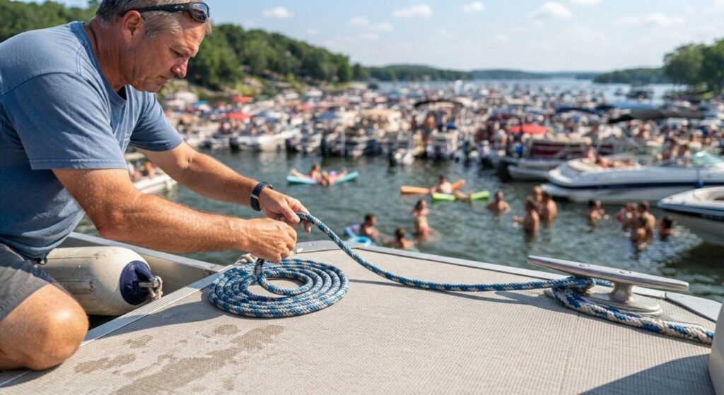 Boat operator preparing lines before safely exiting a rafted group in Party Cove on Lake of the Ozarks