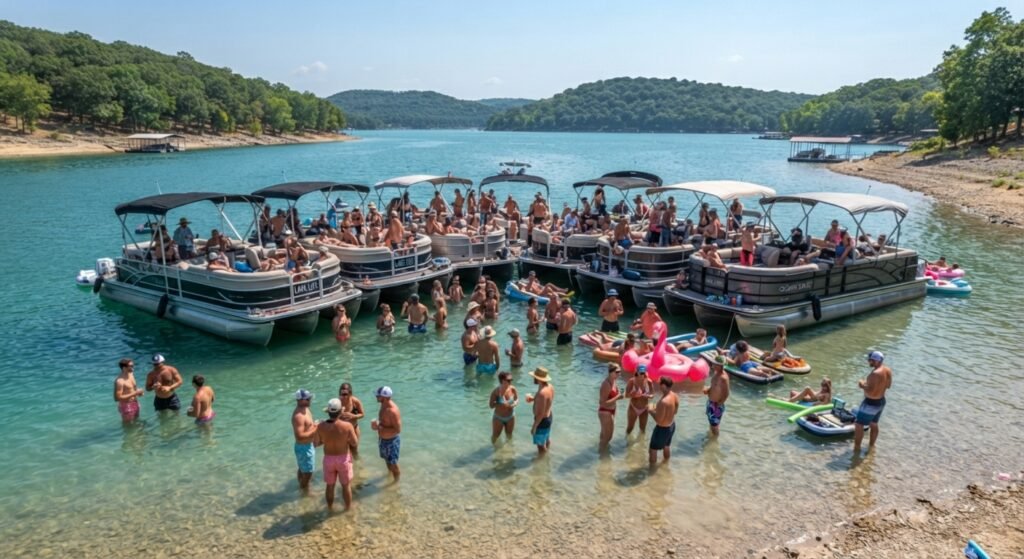 Boats anchored at shallow sandbar Lake Ozarks