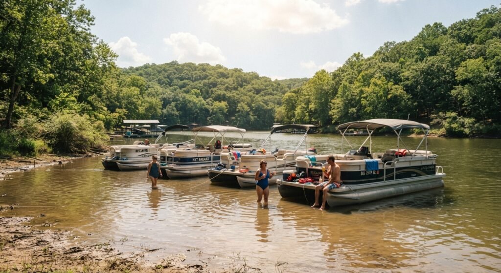 Boats anchored in shallow muddy cove Lake Ozarks