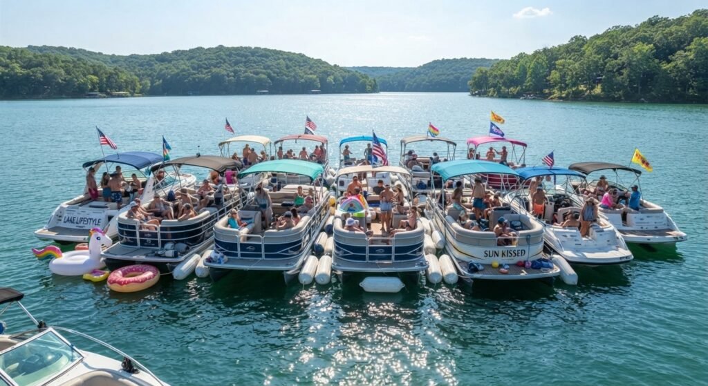 Boats rafted together with fenders at Lake Ozarks