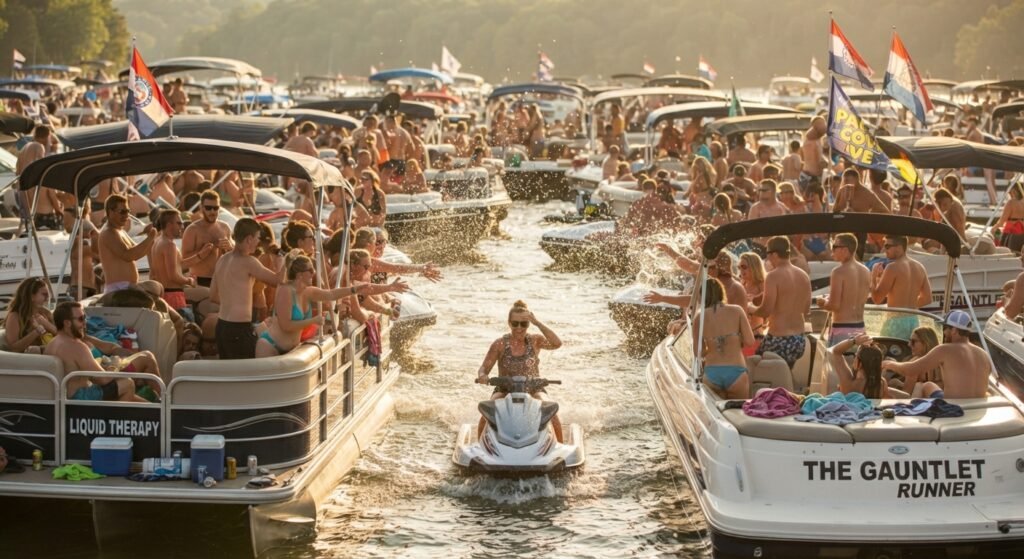 Boats tied together in gauntlet at Party Cove