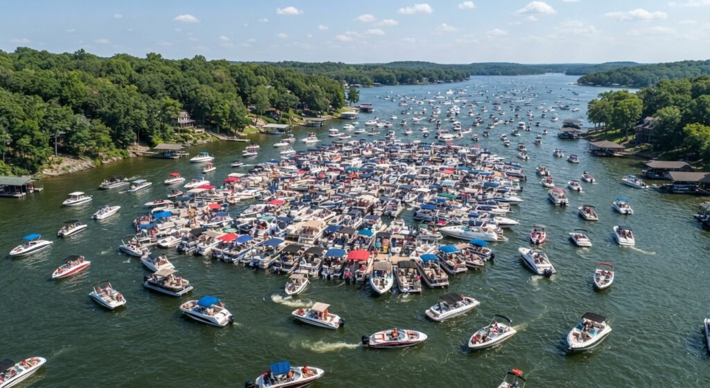 Boats untying and exiting a crowded raft in Party Cove on Lake of the Ozarks during peak weekend traffic