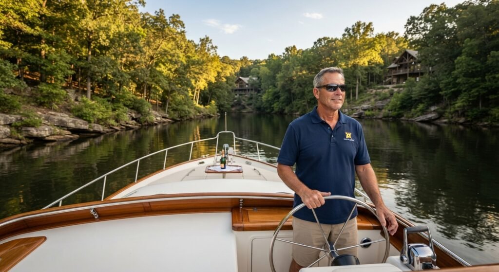 Captain guiding yacht into peaceful cove