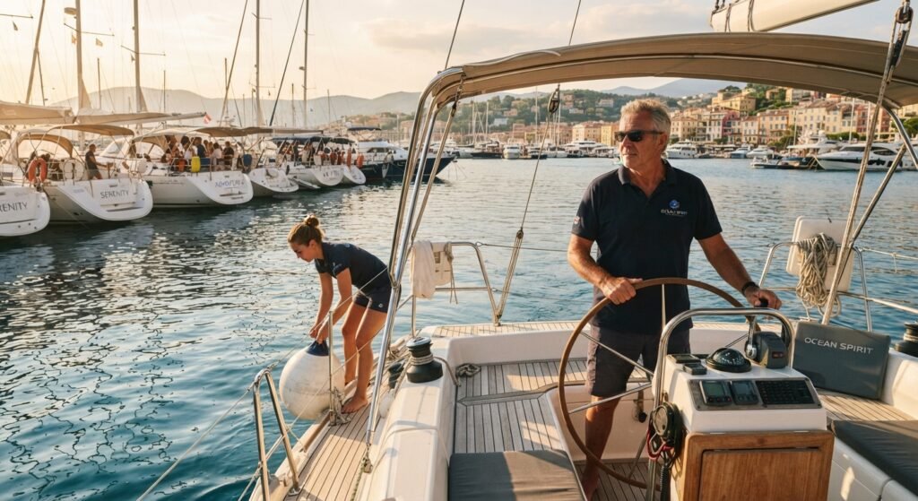 Captain helping guide yacht into tie up line