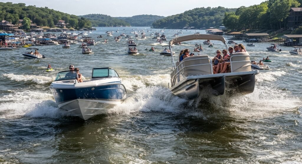 Comparison of deep V hull and flat pontoon hull performance in choppy water near Party Cove
