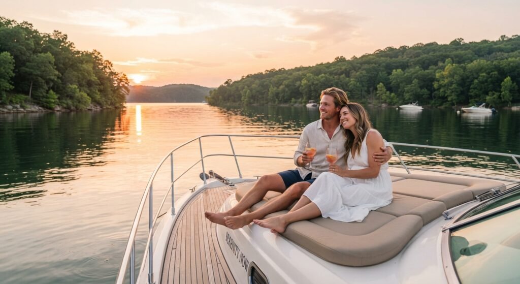 Couple relaxing on a yacht bow in a secluded Lake of the Ozarks cove during golden hour