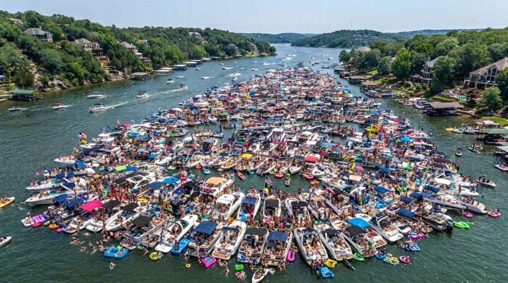 Densely packed boats and swimmers in Party Cove on Lake of the Ozarks during peak midday hours