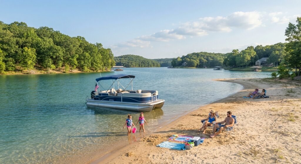 Family friendly swimming cove on Lake of the Ozarks with a rental boat anchored near the shore