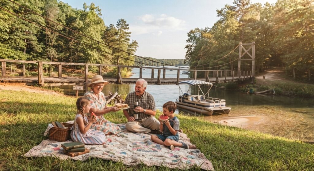 Family picnic near historic lake bridge
