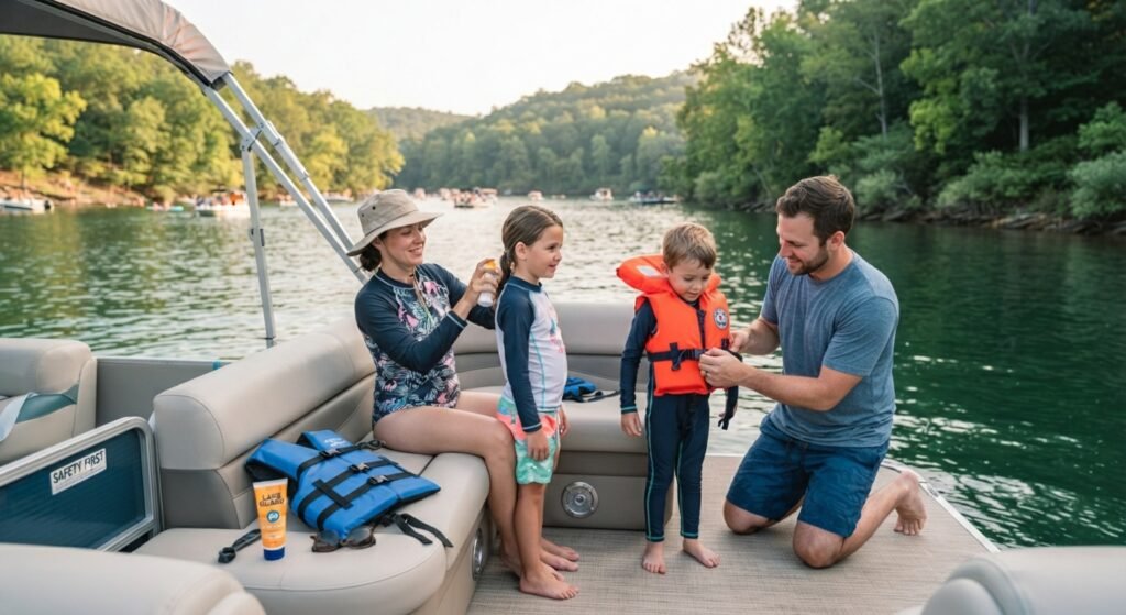 Family preparing sunscreen and life jackets before swimming near Party Cove on Lake of the Ozarks