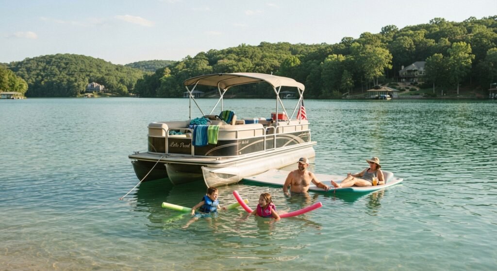Family swimming and relaxing near their anchored boat in a quiet cove on Lake of the Ozarks