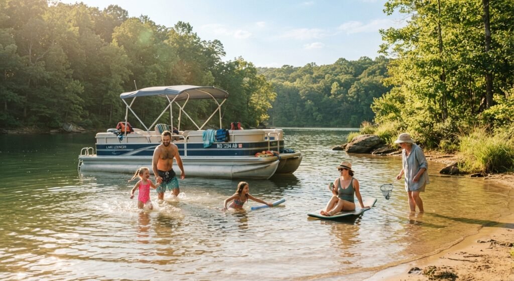Family swimming calmly near anchored boat
