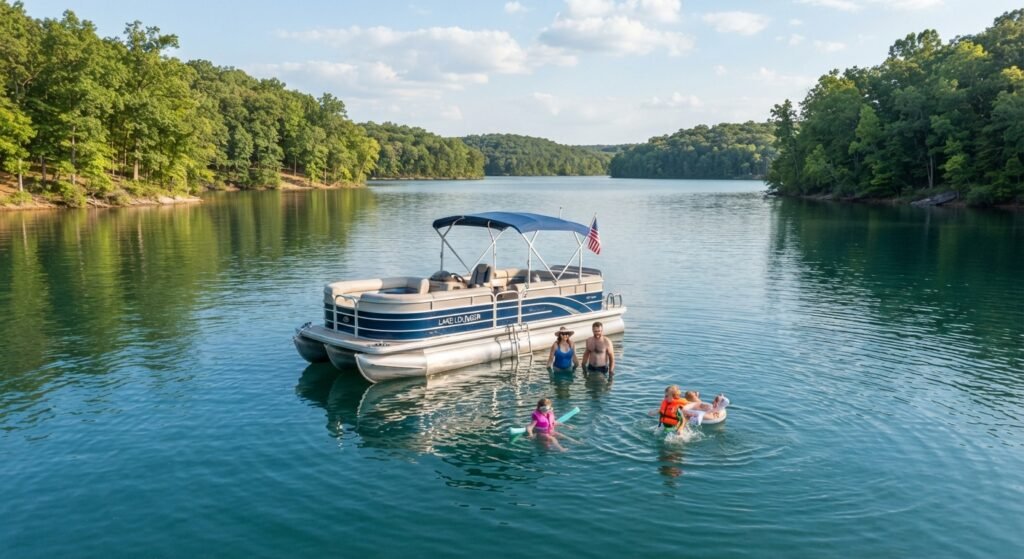 Family swimming near their anchored boat in a quiet, family friendly cove on Lake of the Ozarks