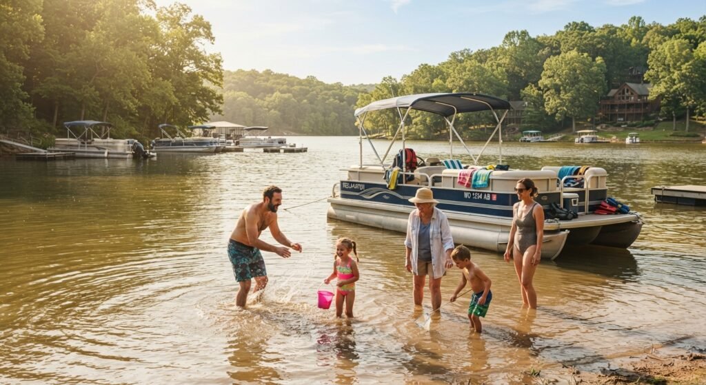 Family wading in shallow warm lake water