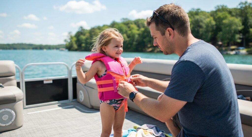 Father helping his daughter with a life jacket on a family rental boat on Lake of the Ozarks