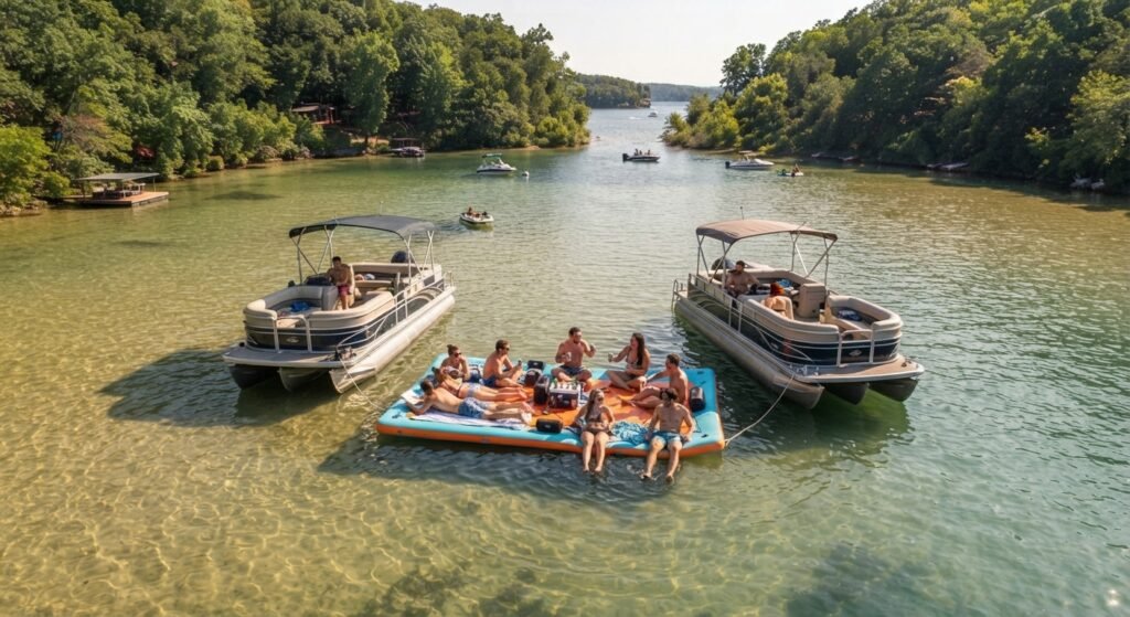 Floating mat gathering at daytime lake cove