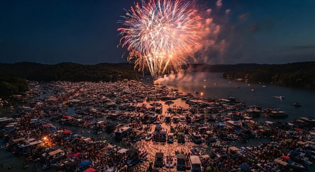 Fourth of July fireworks over Lake Ozarks boatsFourth of July fireworks over Lake Ozarks boats