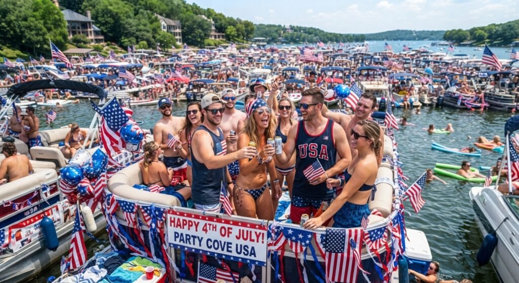 Friends celebrating on a decorated boat during a holiday weekend in Party Cove on Lake of the Ozarks