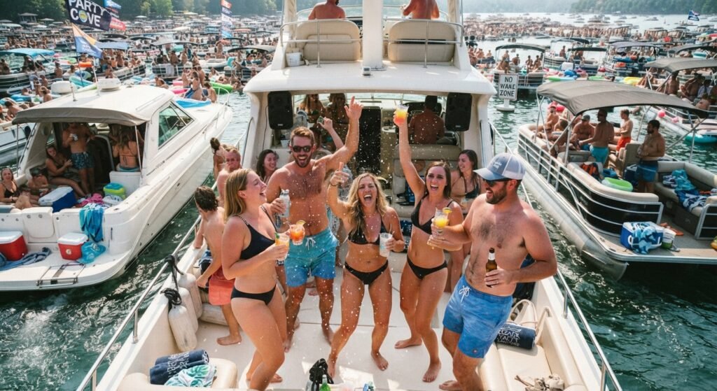 Friends dancing and celebrating on a rafted boat deck during peak hours in Party Cove on Lake of the Ozarks