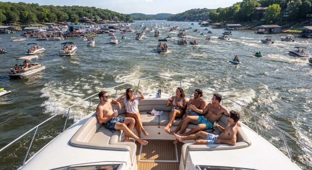 Friends relaxing comfortably on a stable yacht deck while navigating wake near Party Cove