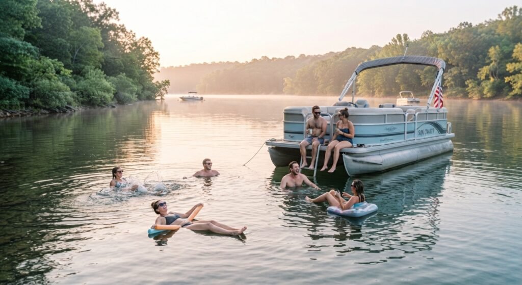 Friends swimming in calmer morning water conditions in Party Cove on Lake of the Ozarks