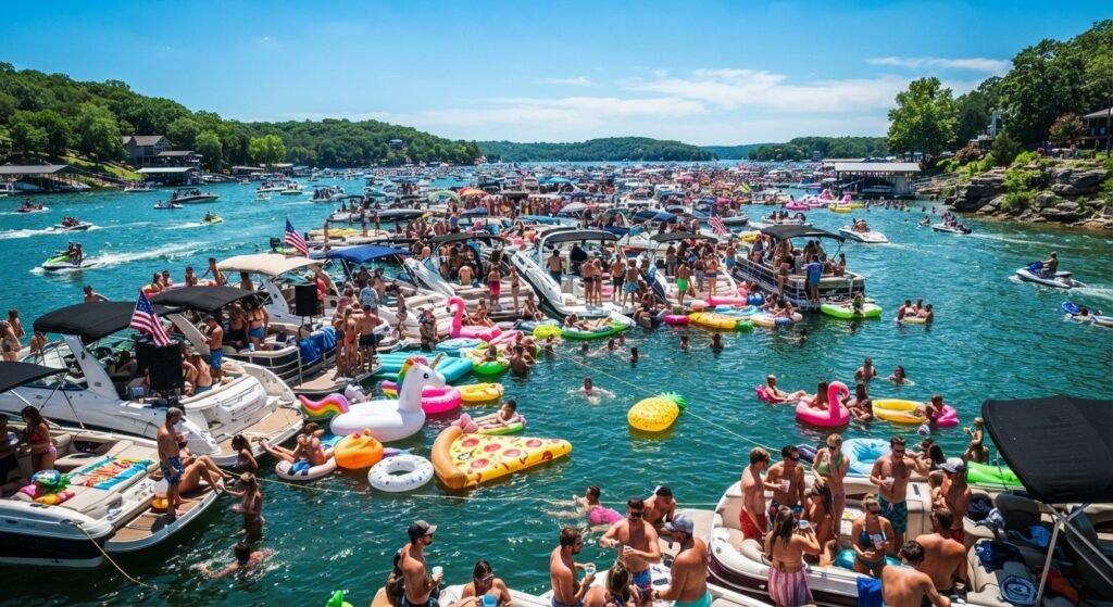 Golden hour view of Party Cove on Lake of the Ozarks as the crowd winds down in the early evening