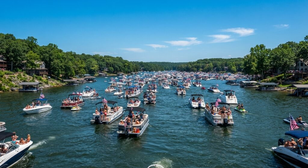 Heavy boat traffic in the main channel leading to Party Cove during a Lake of the Ozarks holiday weekend