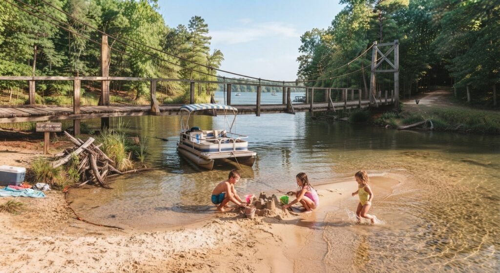 Kids playing in shallow sandbar water lake