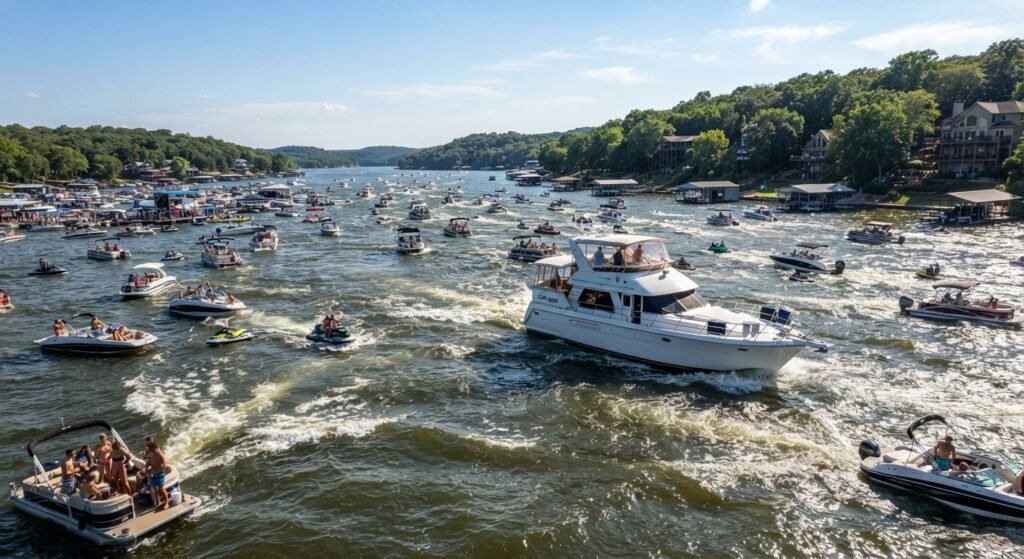 Large yacht smoothly handling choppy wake in the main channel near Party Cove on Lake of the Ozarks