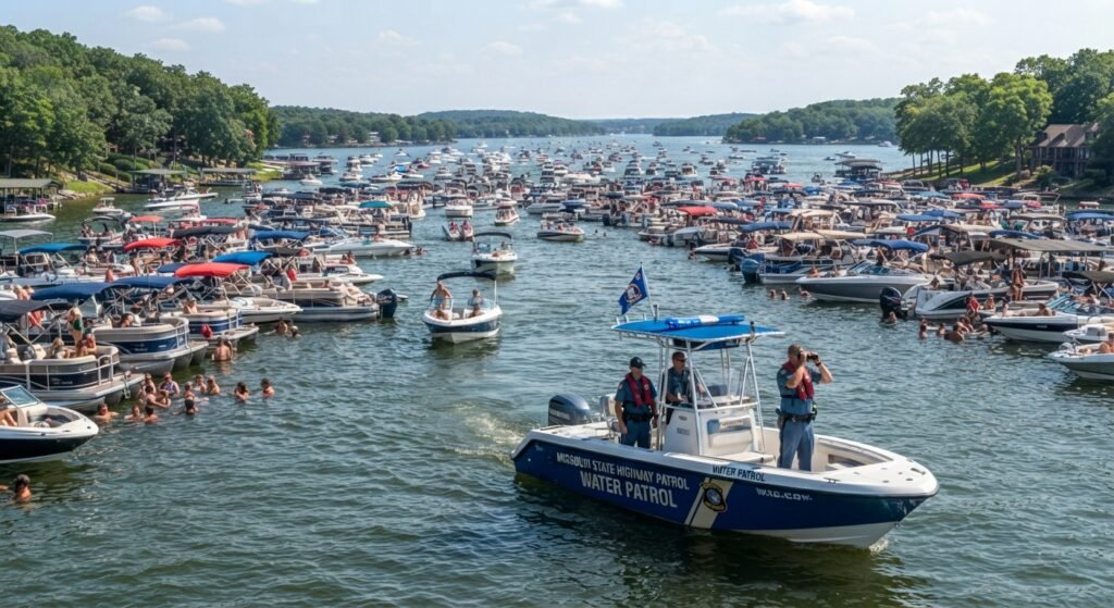 Missouri State Highway Patrol Water Patrol boat monitoring exit traffic near Party Cove on Lake of the Ozarks