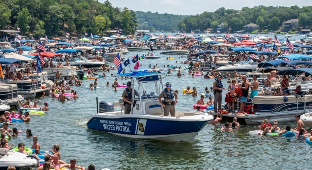 Missouri State Highway Patrol Water Patrol boat monitoring the crowded raft in Party Cove during a holiday weekend