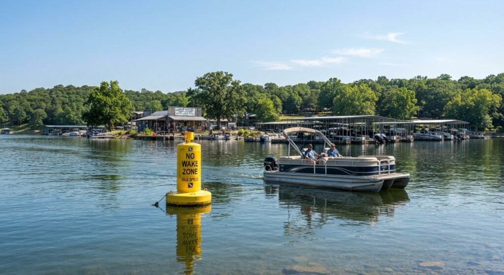 No wake zone sign near lake marina