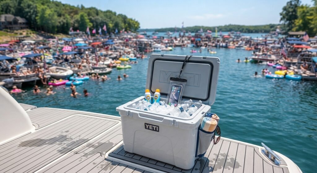 Packed cooler with water and sunscreen on a yacht deck near Party Cove on Lake of the Ozarks