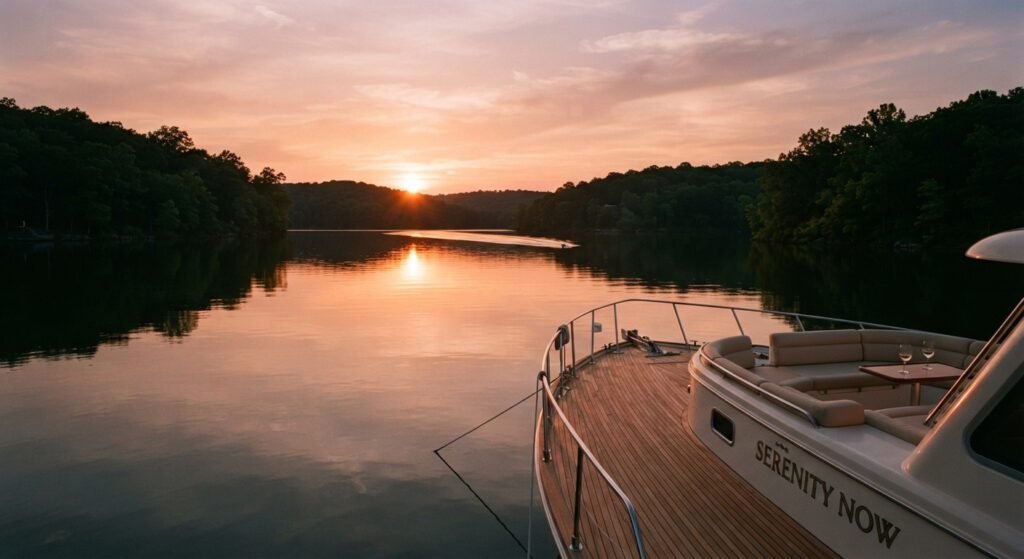Peaceful sunset view from an anchored boat in a quiet cove on Lake of the Ozarks with no crowds nearby