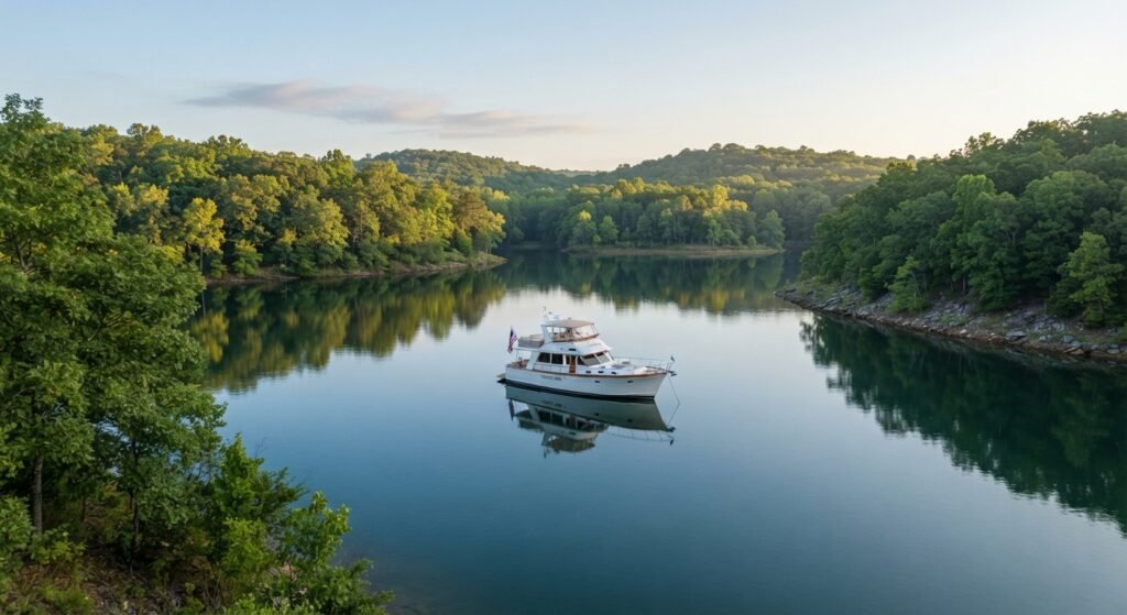 Quiet private cove on Lake of the Ozarks with a single yacht anchored in calm water away from crowds