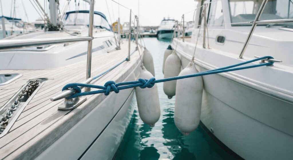 Rope and line securing rafted boats together