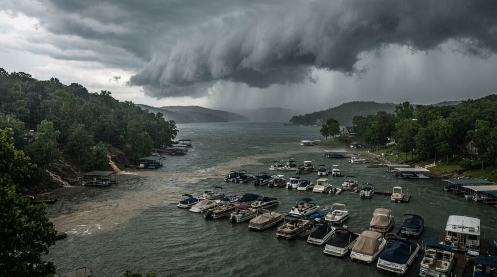 Storm clouds gathering over Lake of the Ozarks near Party Cove before heavy rainfall