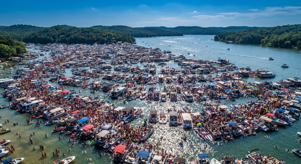 Thousands of boats packed at Party Cove peak weekend