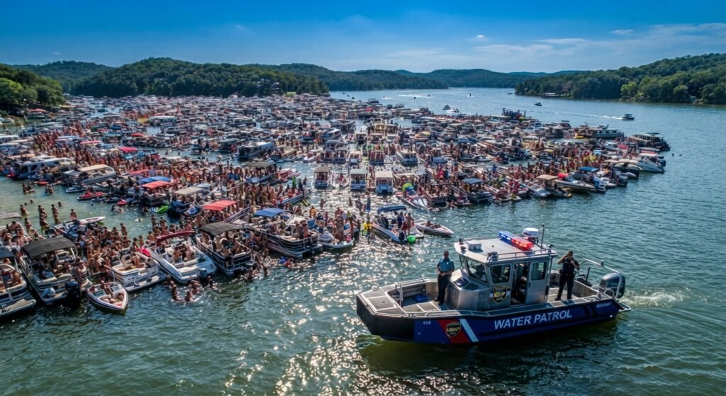 Water Patrol boat monitoring crowded Party Cove