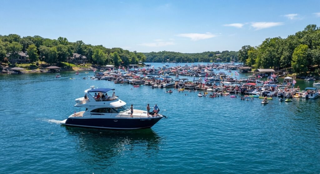 Yacht approaching the edge of Party Cove on Lake of the Ozarks for a first time visit